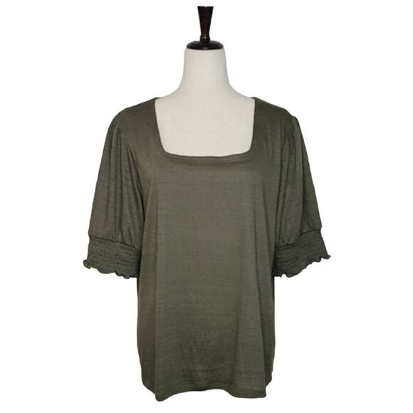 Nine West Army Green Textured Square Neck Elbow Sleeve Stretch Knit Blou… - Picture 1 of 8